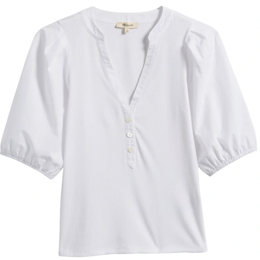 MADEWELL V-Neck Puff Sleeved Mixy Top Blouse NWT XXS Classic White